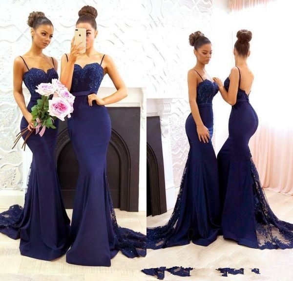 

navy blue lace appliques beaded bridesmaid dresses 2019 spaghetti straps satin mermaid long maid of honor formal evening wear, White;black