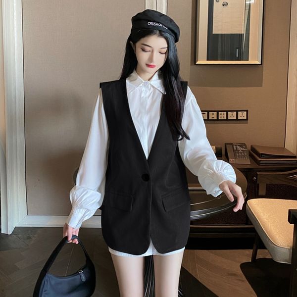 

women dresses early autumn fashion women suit polo collar puff sleeve solid color all-match single-breasted shirt suit vest vest jacket, Black;white