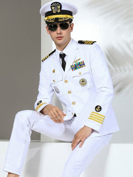 

men suirts slim fit suit navy uniform fashion brand stage performance captain clothing party costumes, White;black