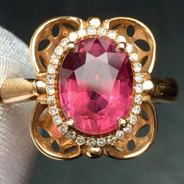 

rubillite ring fine jewelry pure 18 k gold natural rubi tourmaline 2.8ct gemstone diamond gift female rings for women fine ring, Golden;silver