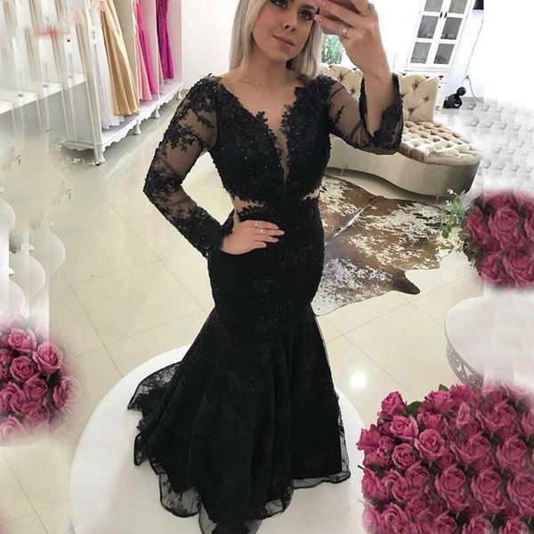 

plus size black long sleeve lace evening dresses mermaid party beaded plus size ladies women formal dresses prom gown