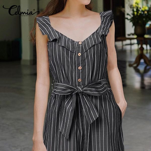 

celmia summer sleeveless 5xl rompers women casual loose striped jumpsuits backless playsuits ruffled wide leg trousers overalls, Black;white
