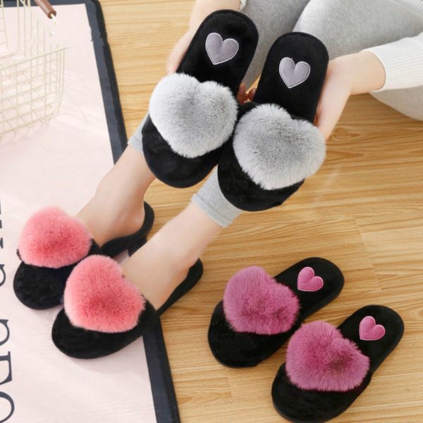 

cute women slippers love heart cotton slippers winter fur slides ladies home furry warm indoor house shoes, Black