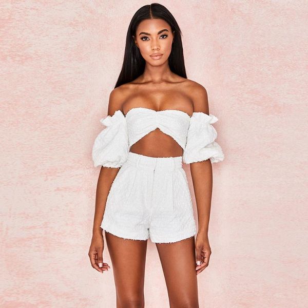 

2020 new celebrity party 2 two piece set playsuits women off the shoulder short sleeve pants night club sets women, Black;white