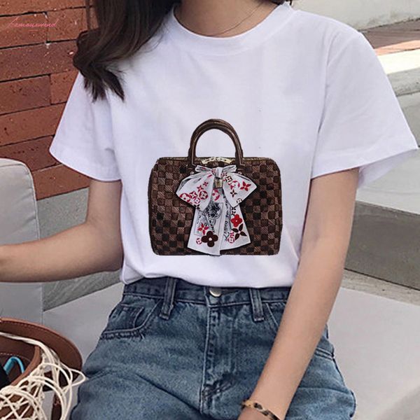 

new fashion bag printed t shirt womens casual o collar harajuku short sleeve shirt street clothing hip hop top, White