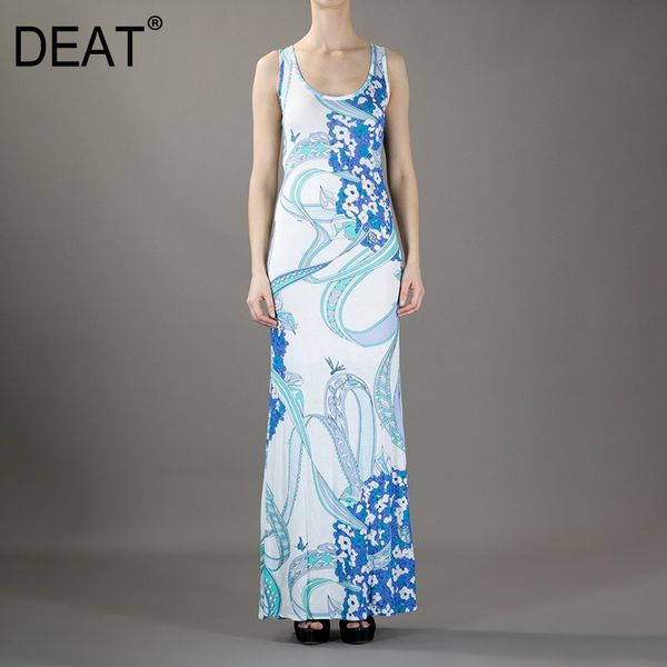 

casual dresses [deat] 2021 bohemia knit dress women sleeveless halter waist elastic floral pattern elegant floor length classic summer am108, Black;gray