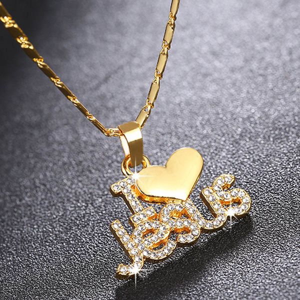 

2019 fashion women jesus heart letter pendant necklaces hip hop jewelry gold silver rose gold chain rhinestone necklace gifts
