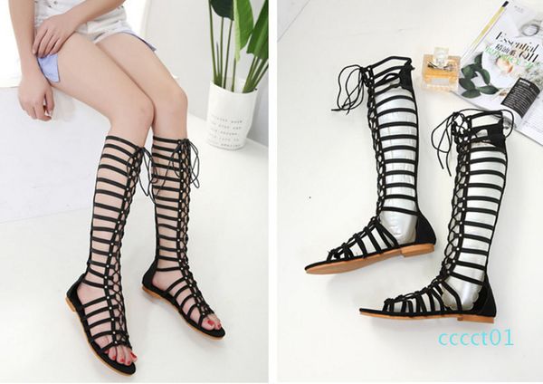 

designer women rome sandals hollow out zip up flat gladiator bandage sandals designer shoes 2018 summer ladies party sandals for women, Black