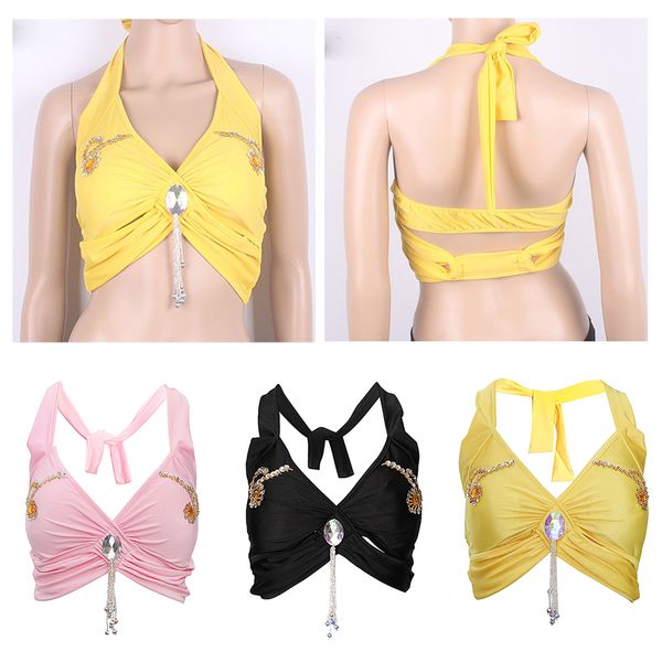 

women belly dance fabric beaded bandage halter bra with pads, Black;red