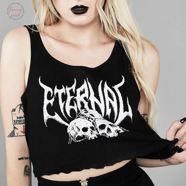 

gothic punk black letter print crop women fashion street skull tank summer sleeveless loose casual, White
