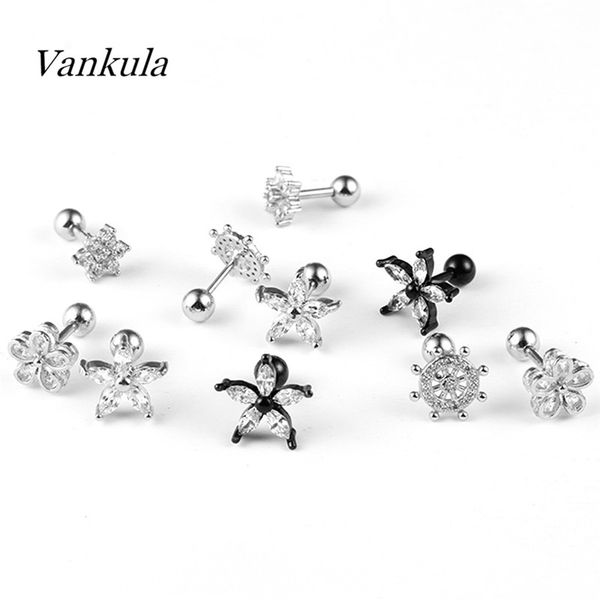 

other vankula 2pcs stainless steel cz flowers ear piercings cartilagem orelha stud body jewelry silver black helix tragus earrings, Slivery;golden