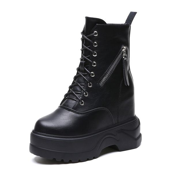 

chunky platform sneakers women 11 cm super high heels casual shoes woman height increasing boots mujer, Black