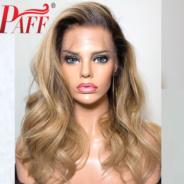 

paff ombre 1b27 lace front human hair wigs with baby hair brazilian natural wave remy 13*3.5 lace front wig bleached knots, Black;brown