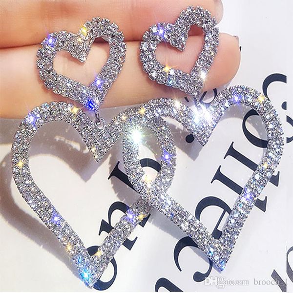 

est shiny female big heart crystal love earrings fashion silver gold wedding earrings jewelry vintage retro dangle earrings for women, Golden