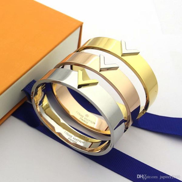 

europe america simple style lady women titanium steel 18k gold engraved v letter bangle bracelets 3 color, Black