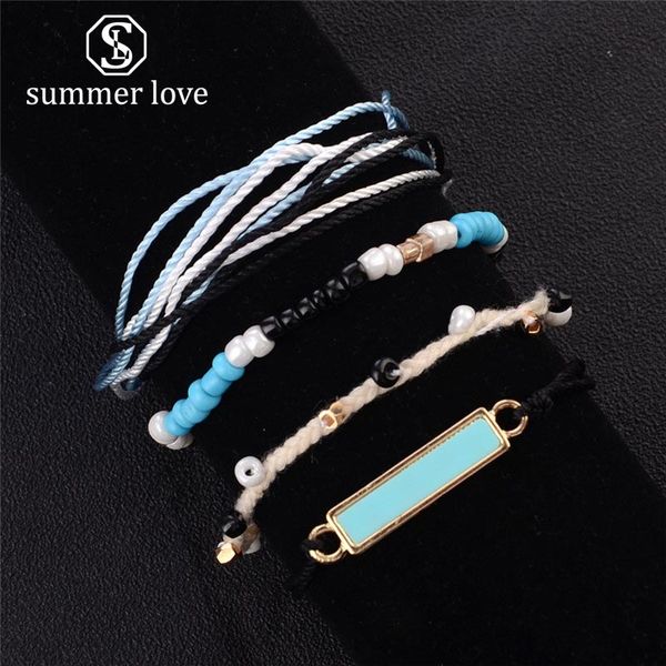 

4 pcs/set bohemian ethnic blue white handmade multilayer weave wax rope friendship bracelet set for women men beads charm bracelet jewelry, Black