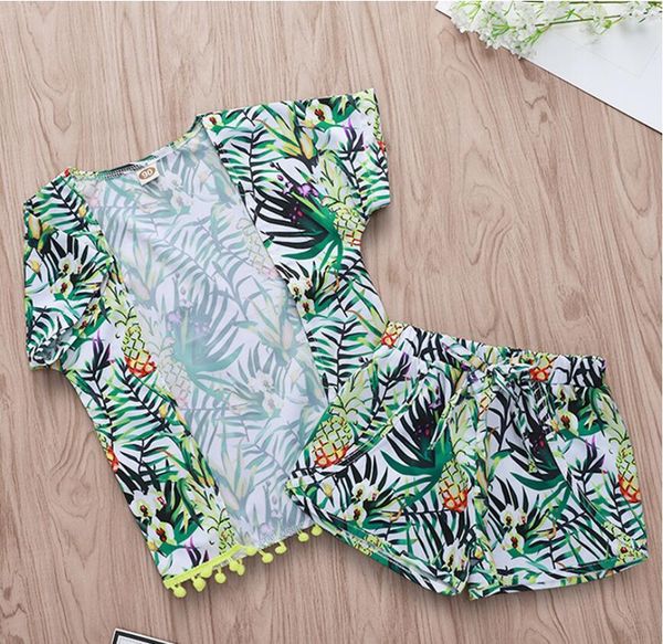 

girl palm leaf short sleeve pineapple cardigan and short pants set baby summer short sleeve and trousers suit kids clothes two pieces, White