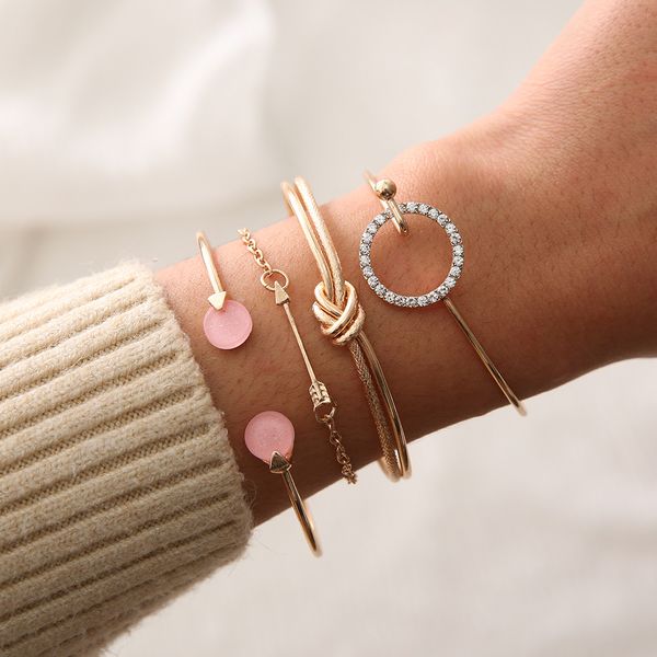 

women arrow bangle bracelet four-piece set bracelet pink stones arrow zircon hollow circle set fashion jewelry, Black