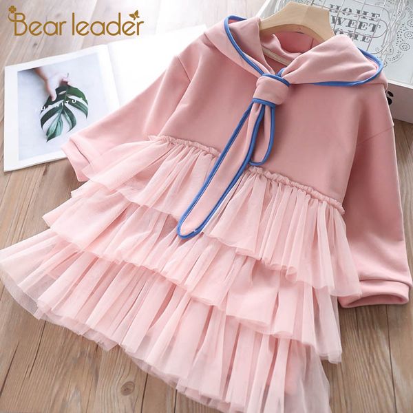 

bear leader girls dresses new autumn girl princess dress long sleeve sweet bow tie collar kids dresses hooded children clothing, Red;yellow