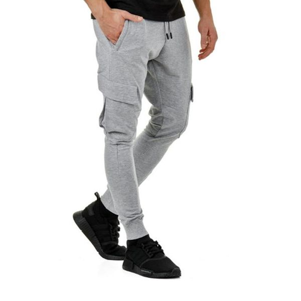 

грузовые штаны твердая joggers мужская одежда тонкий подходят брюки карандаш большой карманы эластичный пояс конструктора лето весна брюки, Black