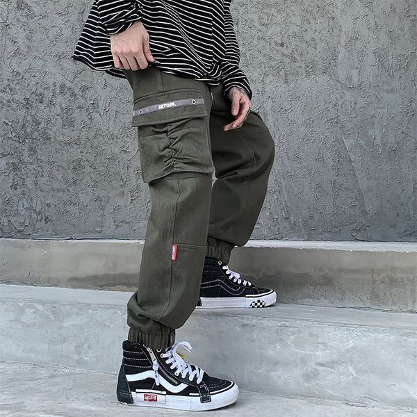 

big pocket design cargo pants men sweatpants 2020 spring loose hip hop harem pants men joggers trousers man japanese streetwear, Black