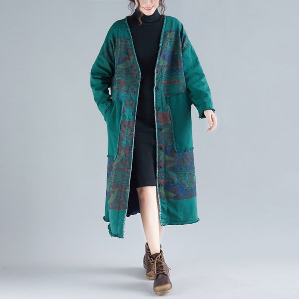 

johnature autumn and winter new plus velvet cardigan women outerwear 2019 casual floral print v-neck all-match women long coat, Tan;black