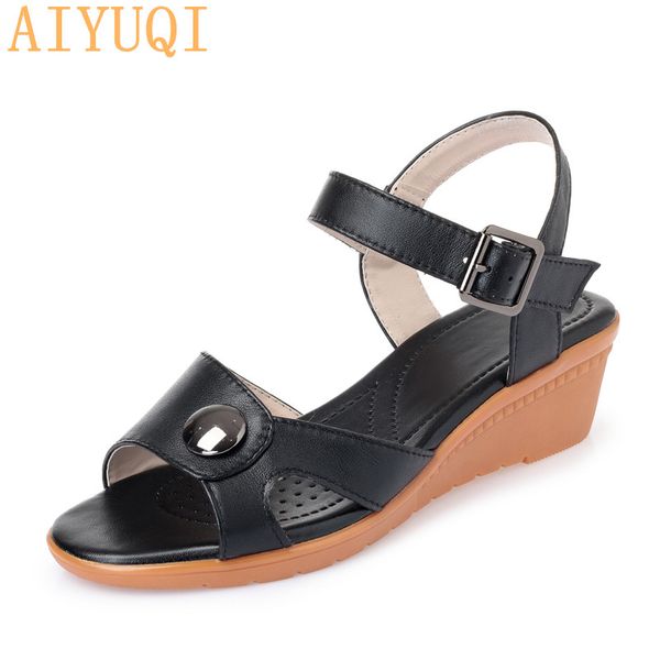 

aiyuqi women's sandals 2020 summer new genuine leather female roman sandals wedge lady plus size 41 42 43 shoes women, Black