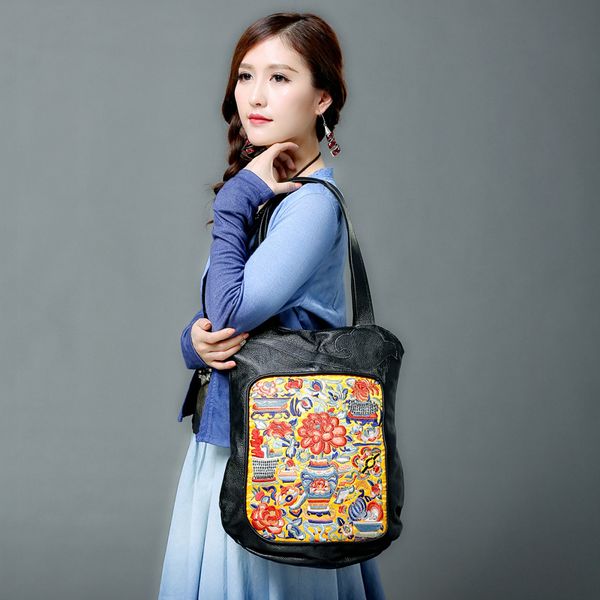 

leather bag for women 2019 new national style hand bill of lading shoulder bag embroidered head layer leather for women