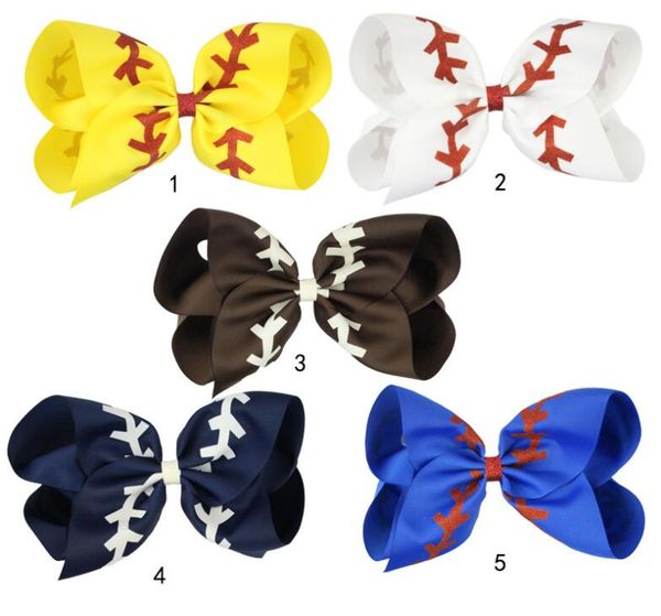 

5color 8inch kids headwear printing glitter softball grosgrain ribbon bows hair clips boutique handmade girls' head accessories, Slivery;white