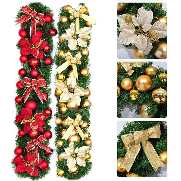 2 7m Gold Red Christmas Leaf Rattan Garland Luxury Bowknot Flower