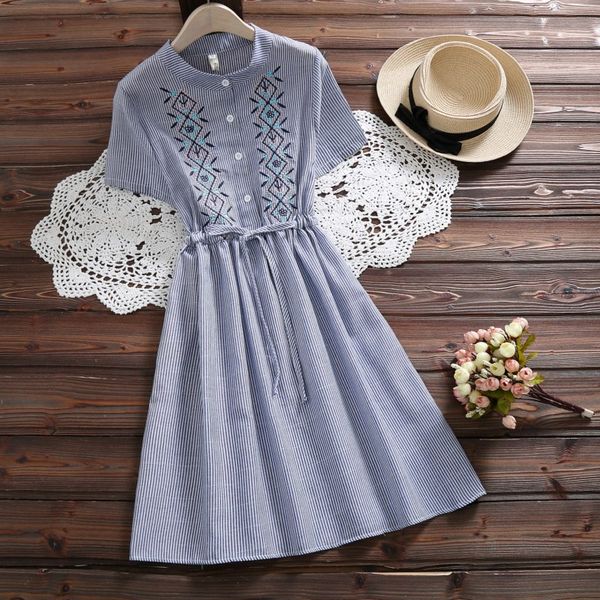 

casual dresses 2021 summer women blue flower embroidered mini dress short sleeve vintage stand neck a-line, Black;gray