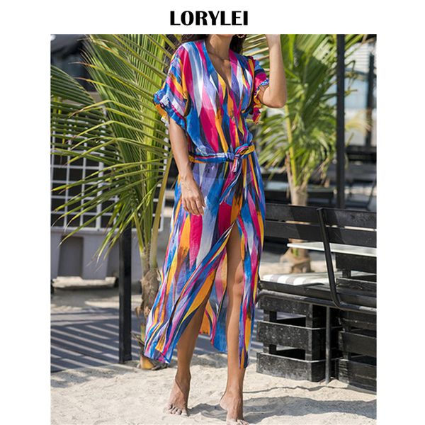 

2019 multicolored bohemian printed short sleeve self belted summer beach dress chiffon tunic women beachwear sarongs plage n830, Blue;gray