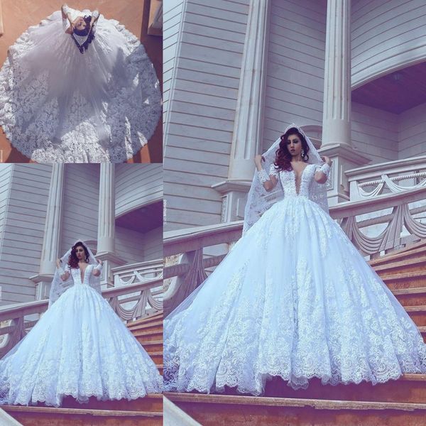 

Luxury Lace Ball Gown Wedding Dresses Deep V Neck Sequined Beaded Sweep Train Long Sleeve Wedding Dress Bridal Gowns Vestido De Novia