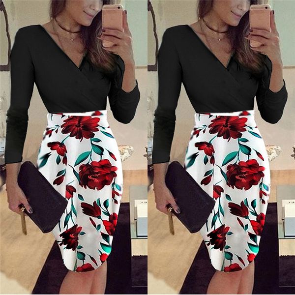 

women fashion knee-length dresses 2019 autumn spring bandage bodycon long sleeve dress floral printed party skater pencil dress, Black;gray