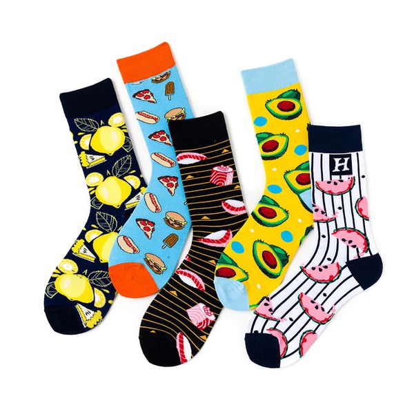 

harajuku happy socks funny cartoon fruit avocado watermelon banana burger cake socks skateboard socks, Black;white