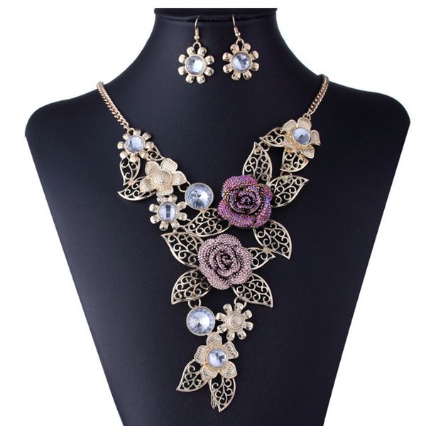 

women's elegant vintage flower gold necklace statement earrings jewelry set, Silver