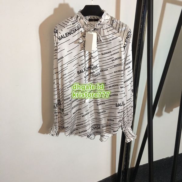 

2019 women ruffled 100 ilk hirt blou e letter print with bow high end cu tom cap leeve hirt blou e