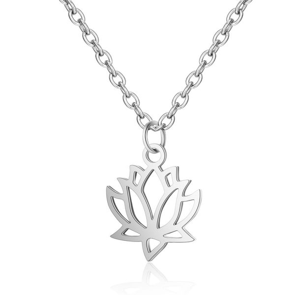 

2019 316l stainless steel hollow out louts flower charm pendant necklace gold silver tone long chain necklace female gift gifts