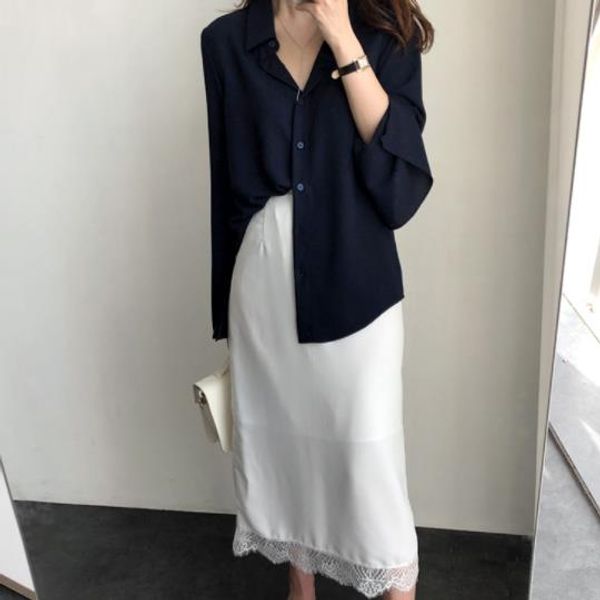 

2020 summer high waist women's design slim black cute sweet girls patchwork lace polka dot skirt long dv994
