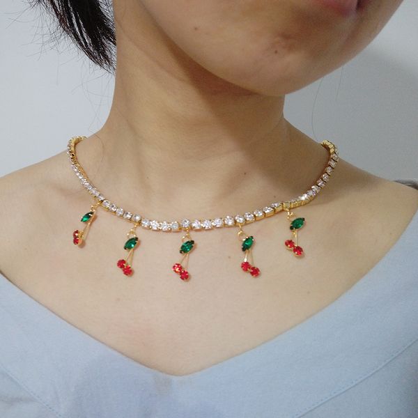 

charm rhinestone cherry pendant necklace for women statement tennis chain choker crystal collar girls hiphop jewelry, Golden;silver