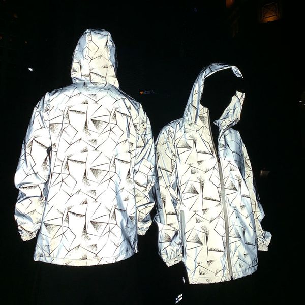 

designer men's reflective jackets fashion women's noctilucent active jacket loose hooded hip hop couple clothing 3 styles s-3xl wh, Black;brown