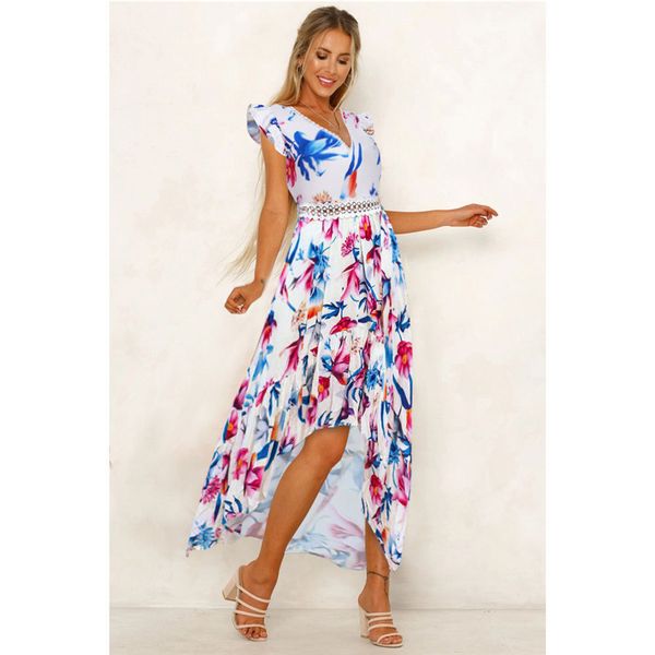

V Neck Lace Panelled Flora Printed Dresses Spring Summer Sleeveless Womens Casual Dresses Asymmetrical Female Apparel
