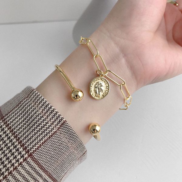 

silvology crude chain round coin figure bracelets 925 sterling silver texture temperament bracelets for women friendship jewelry, Golden;silver