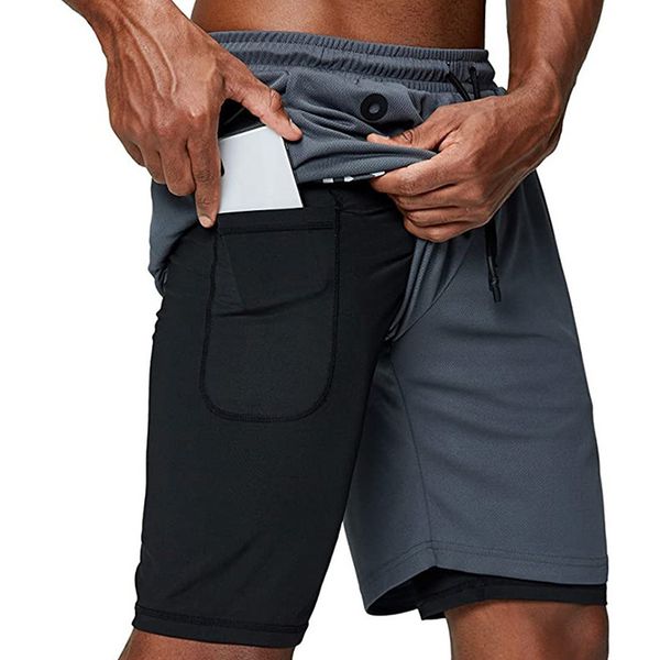 

running shorts double-deck quick drying sports men jogging gym men's 2 in 1 fitness, Black;blue