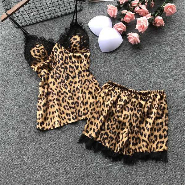 

qweek 2019 summer leopard women pajama sets satin sleepwear lace pijama mujer pyjamas women lingerie with chest pads, Blue;gray