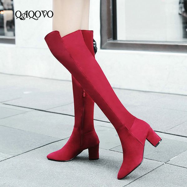 

women winter boots fashion knee high boots square high heel over the knee pointed toe zipper shoes black red