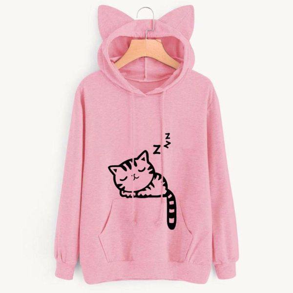 

omen hoodies sweatshirt kawaii pink winter cat pattern long sleeve moletom hooded sweatshirts ear hooed mujer, Black