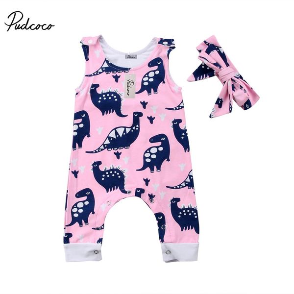

2pcs cute newborn baby girls dinosaur print sleeveless romper jumpsuit headband outfit clothes, Blue