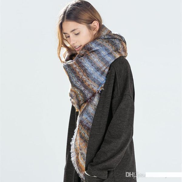 

fashion plaid large warm winter scarf for women scarf women blanket shawls cashmere scarf color stripes keep warm scarves pashmina, Blue;gray