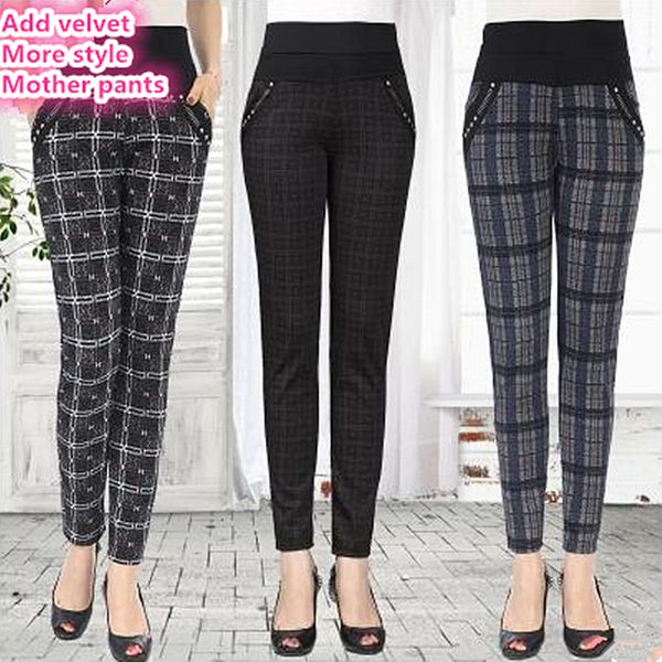 

women trousers straight pants high waist the grid casual female add wool fashion pantalon femme calca feminina big plus size, Black;white